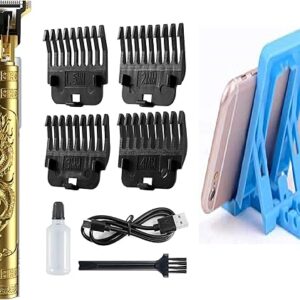 LYXMAD T9 Vintage Professional Hair Trimmer For Men –Golden Metal Body,Cordless,4 Guide Combs,USB Rechargeable,Men'S T9 Golden Metal–Zero Gap Beard & Hair Clipper With Guide Combs & Brush Plastic Gold