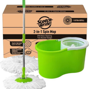 Scotch-Brite 2-in-1 Bucket Spin Mop (2 Refills, 4 Pcs) Mop Set(Green)
