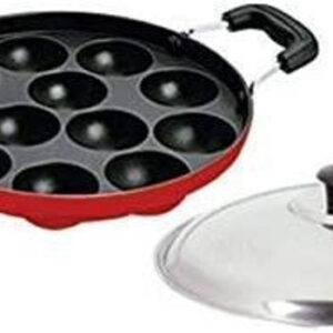 Swarambh Non-Stick 12 Cavity Aluminium Appam Patra Ponganal Maker Paniarakkal Litti Maker Appe Pan with Lid Appam Patra Non Stick with Lid Paniarakkal with Lid 0.5 L capacity 22.4 cm diameter(Aluminium, Non-stick)