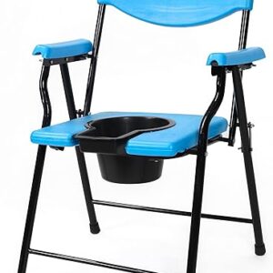 Folding Elderly Disabled Man And Pregnant Woman Stainless Steel Shower And Bathing Room Mobile Commode Chair With Toilet Seat Comfortable Safe Toliet Stool Anti-Skid (Blue)