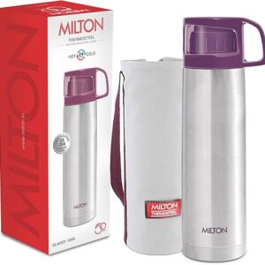 Milton Glassy 1000 Thermosteel 24 Hours Hot and Cold Water Bottle with Drinking Cup Lid, 1 Litre, Purple
