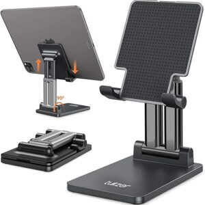Tukzer Universal Tablet Stand Mobile Holder| Tabletop Fully Foldable Dual Poles, Heavy Base Aluminum| Multi-Angle Height Adjustable Stand for iPad Tablet Smartphone E-Book Reader Up to 12 inch (Black)