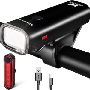 VICTGOAL USB Rechargeable Bicycle Light Set 400 Lumen Super Bright Headlight Front Light and Back Rear LED 4 Light Mode Road Cycling Safety Flashlight Runtime 4+ Hours (Black)