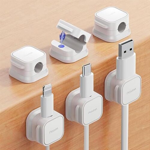 6 Pack Magnetic Cable Clip Organizer Cord Holder, Picozon Adhesive Cable Management, Wire Phone Charger Cable Holder Keeper Organizer for Car, Office Home Desktop, Wall, Night Table – White