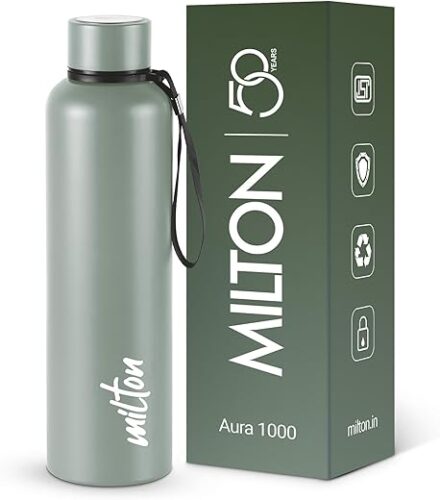 Milton Aura 1000 Thermosteel Water Bottle, 24 Hr Hot and Cold I Leak Proof Lid, ISI Certified I Vacuum Insulated I for Office, Gym, School I Grey