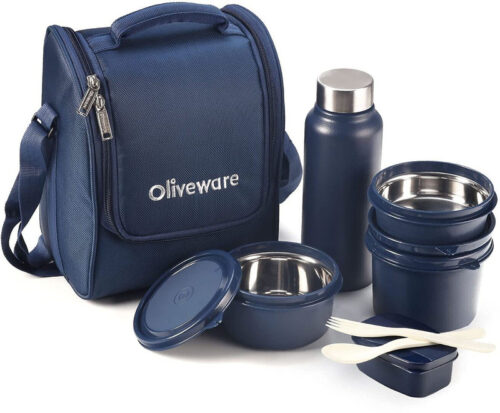 SOPL-OLIVEWARE Teso Lunch Box with Plastic Cutlery, 3 Microwave Safe Inside Containers with BPA Free Lids (290ml, 450ml & 600ml), Plastic Pickle Box (130ml), Steel Water Bottle(750ml) – Blue
