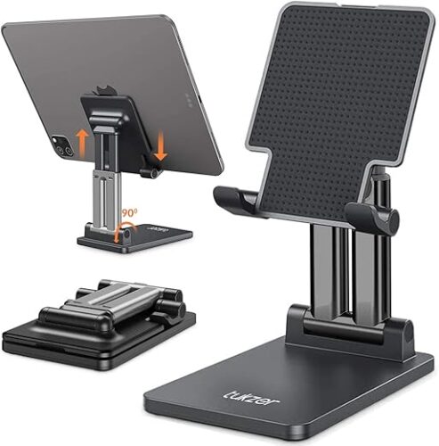 Tukzer Universal Tablet Stand Mobile Holder| Tabletop Fully Foldable Dual Poles, Heavy Base Aluminum| Multi-Angle Height Adjustable Stand for iPad Tablet Smartphone E-Book Reader Up to 12 inch (Black)